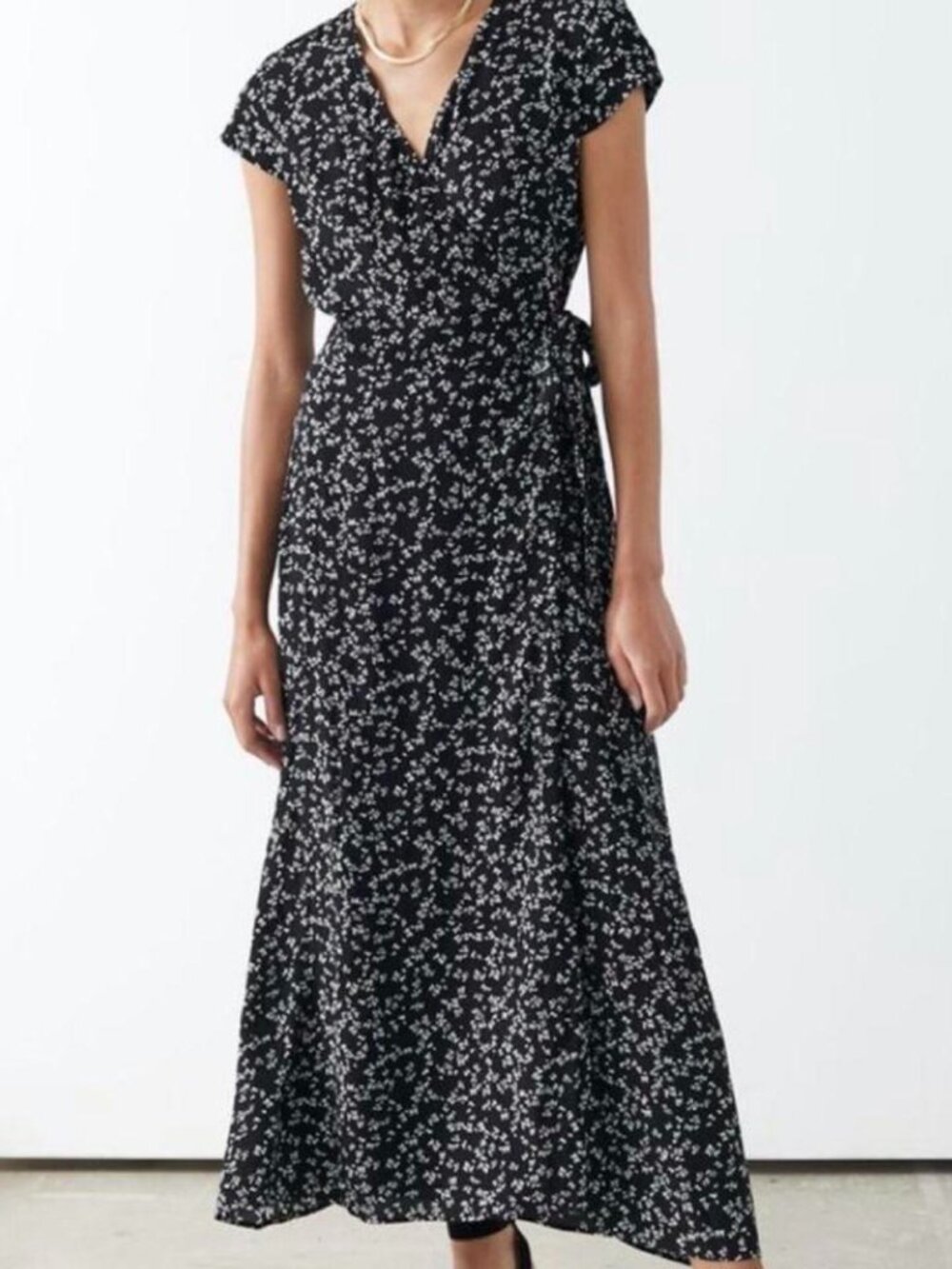 Like New & Other Stories Floral Print Wrap Black Midi Dress